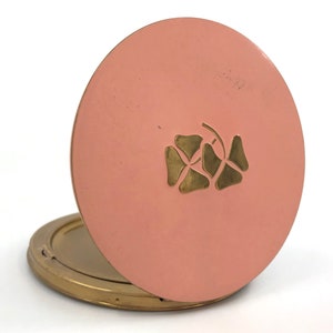 Harriet Hubbard Ayer NY Powder Compact 1940s Pink Enamel Brass Clover Signed Scarce Vintage Vanity Case