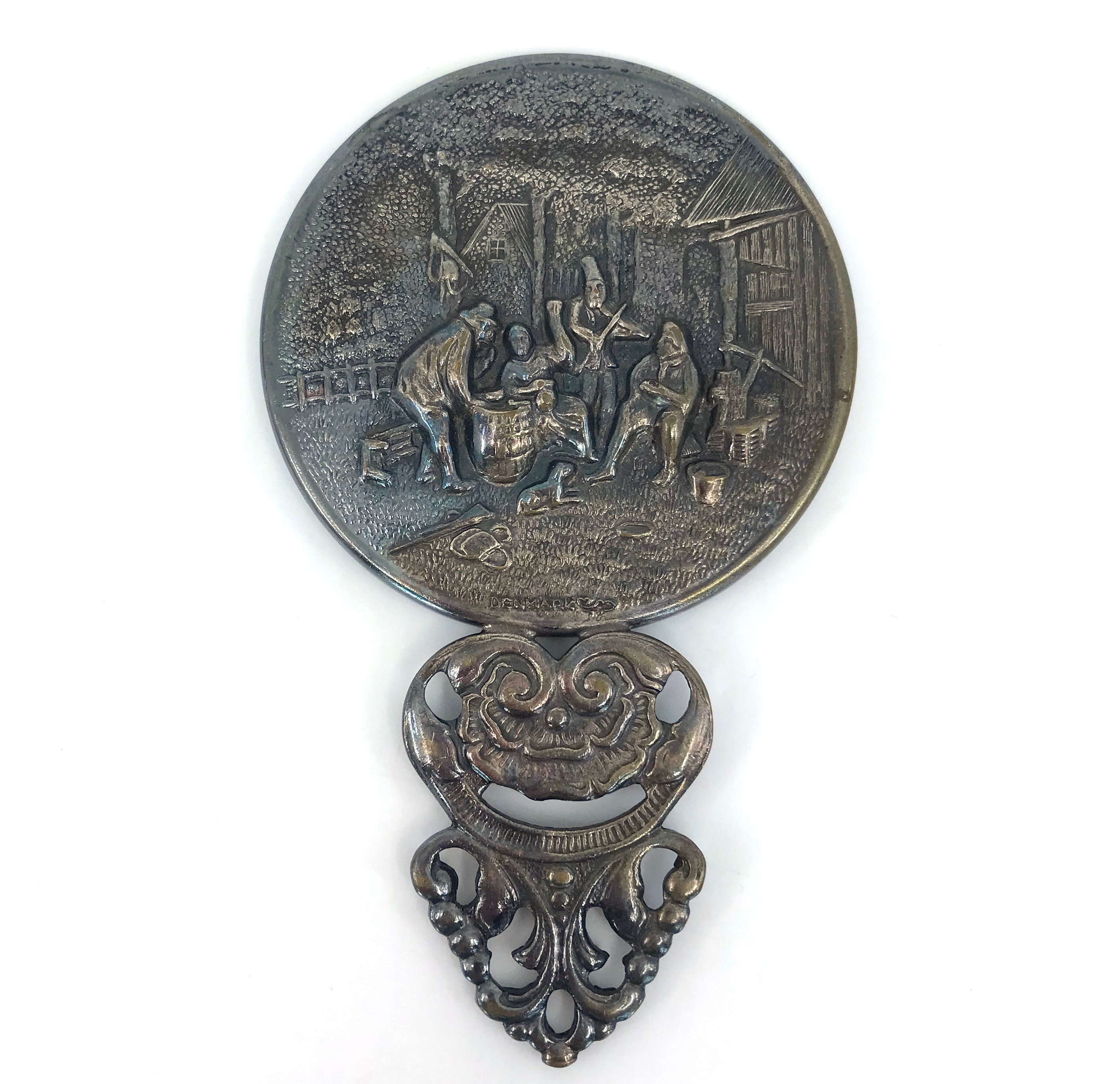 Hans Jensen Denmark Repousse Vanity Purse Hand Mirror Silver Plated 1940s Tavern Scene Whale Mark 4.5 inches Vintage