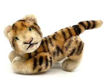 Steiff Tiger Fully Jointed 1950s Mohair Plush 10cm 4 inches Glass Eyes no ID Vintage Stuffed Toy Scarce