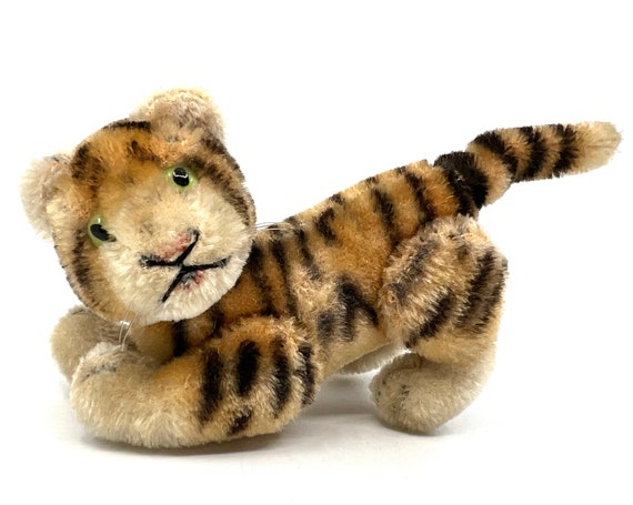Steiff Tiger Fully Jointed 1950s Mohair Plush 10cm 4 Inches Glass