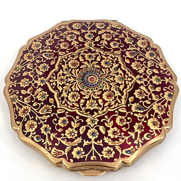 Stratton Powder Compact années 1960 Émail Persan Floral Convertible Sifter Angleterre Vanity Case vintage