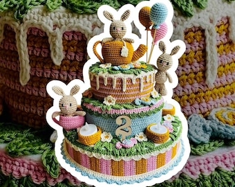 May include: A three-tiered crocheted cake decorated with flowers, leaves, and two bunnies. The top tier features a bunny holding a teapot, the middle tier has a number "2" and the bottom tier has candles. The cake is surrounded by a white border.