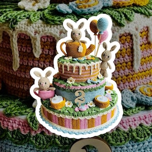 Op de afbeelding: Een drielaagse gehaakte taart versierd met bloemen, bladeren en twee konijnen. De bovenste laag heeft een konijn dat een theepot vasthoudt, de middelste laag heeft een nummer "2" en de onderste laag heeft kaarsen. De taart is omgeven door een witte rand.