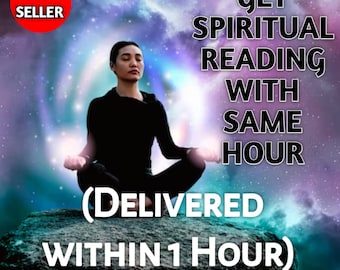 Könnte beinhalten: Werbebild für spirituelle Lesungen. Eine Person in meditativer Pose sitzt auf einem Felsen, mit Text: "Erhalten Sie eine spirituelle Lesung in derselben Stunde (geliefert innerhalb von 1 Stunde)." Ein roter Kreis oben links zeigt "Top Seller".