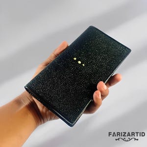 Carteira longa unissex Moleath feita de couro autêntico de arraia grande com pérolas, carteira de arraia, couro de peixe, carteira masculina, carteira de couro