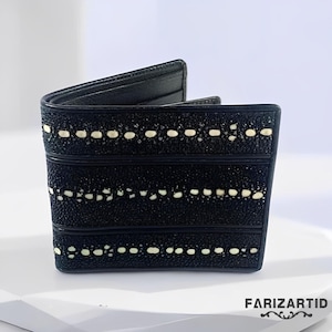 Portefeuille pour homme exquis en cuir de galuchat véritable avec design noir à triple pointes, Portefeuille en galuchat, cuir de poisson, portefeuille pour homme, portefeuille en cuir