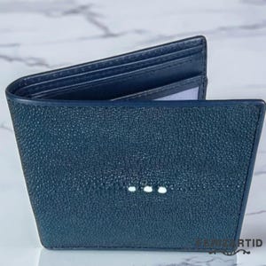 Cartera de piel de raya azul marino con modelo de ojo puntiagudo, cartera de raya, piel de pez, cartera para hombre, cartera de piel, regalo de raya
