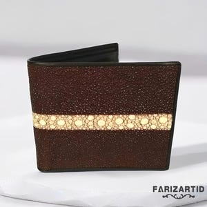 Cartera de hombre de gran tamaño de piel de raya auténtica marrón oscuro cómoda y elegante, cartera de raya, piel de pez, cartera para hombre, cartera de cuero
