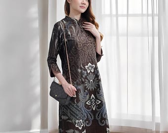 Ayana Brown Foil Dress – Casual Glamour Women's Dress, Batik Dress, Boho Dress, Ethnic Dress, Midi Dress, Maxi dress, Bohemian dress