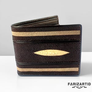 Carteira de couro Stingray autêntica masculina com padrão de diamante de duas linhas marrom, carteira Stingray, couro de peixe, carteira masculina, carteira de couro