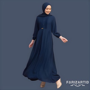 ネイビーブルーのしわ加工アバヤセット Azalia イスラム教徒の女性のドレスとパシュミナ、イスラム教徒のドレス、イスラム教徒のドレスウェディング、女性のイスラム教徒の服装