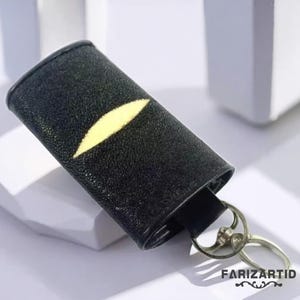 Llavero de piel de raya (negro diamante), resistente y elegante, cartera de raya, piel de pez, cartera para hombre, cartera de cuero
