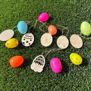Juego de 6 huevos de Pascua de madera hechos a mano, decoraciones de cuerda de yute, manualidades para niños.
