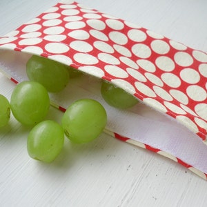 Peut inclure: Un sac en tissu à pois rouges et blancs contenant des raisins verts. L'intérieur du sac est blanc. Les raisins sont sur des brochettes en bois. Le sac est posé sur une surface blanche.