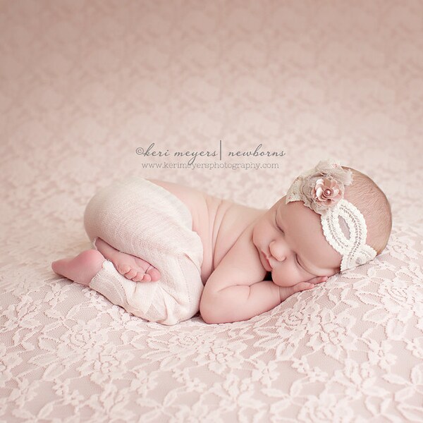 Sophie - Vintage Inspired Rosette Headband - Cream Beige Nude Taupe Pink - Lace Pearl- Newborn Infant Baby Girl Toddler