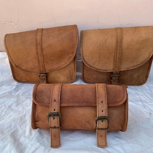 Leather Saddlebags Pannier Motorcycle Pouch Brown three Bags Pannier Sportscaster Saddle Pannier bags Motorcycle Luggage Bag Motorcycle Tool