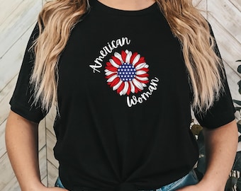 American Woman Floral Tee - Patriotic Shirt, Gift for Her, Independence Day Celebration, Everyday Casual Wear, July 4th Outfit