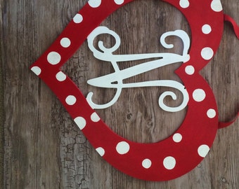 Painted Wooden Heart Valentine's Day Wood Initial Monogram Door Wreath Decoration Holiday Decor Gift Door Hanger Valentines Day Decor