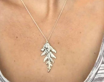 Cedar Leaf Necklace Silver Cast Pendant Oxidized