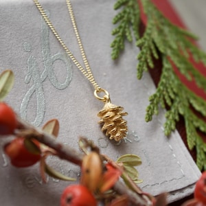 May include: A gold necklace featuring a delicate pine cone pendant. The necklace is displayed on a soft, grey background with a sprig of red berries and green foliage.