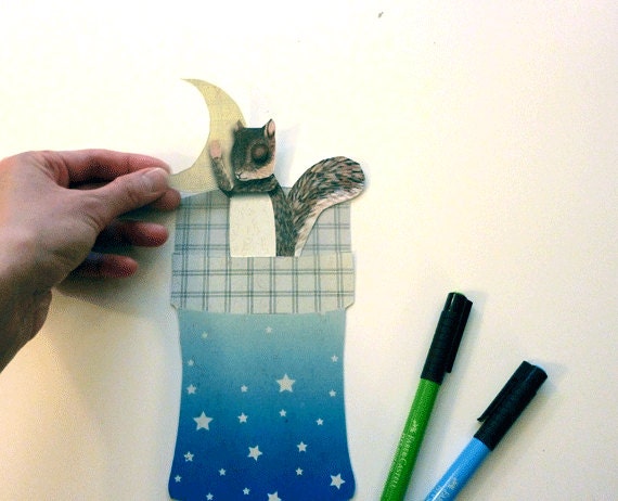 Blue White Gift for Paper Play Brown Unique Fun DIY Printable PDF Cute Squirrel Paper Puppet Card Set for Children