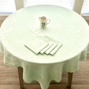 Vintage Mint Green Damask Tablecloth With 4 Matching Napkins