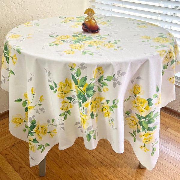 Vintage Wilendur Rectangular Yellow Roses Print Cotton Tablecloth