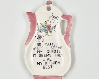 Vintage Pink & White Coffee Pot Shaped Ceramic Spoon Rest With Poem