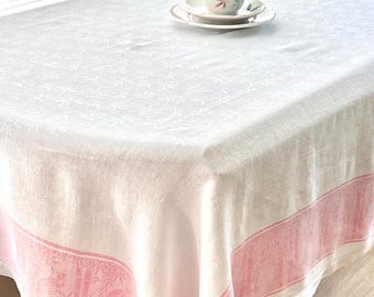 Vintage White Tablecloth With Pink Bamboo & Birds Print