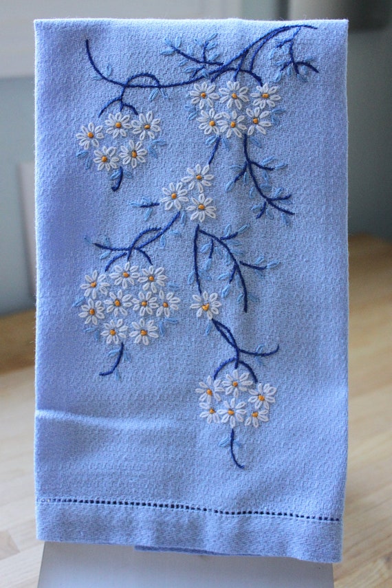 Vintage Blue Fingertip Towel with Hand Embroidered Flowers Etsy