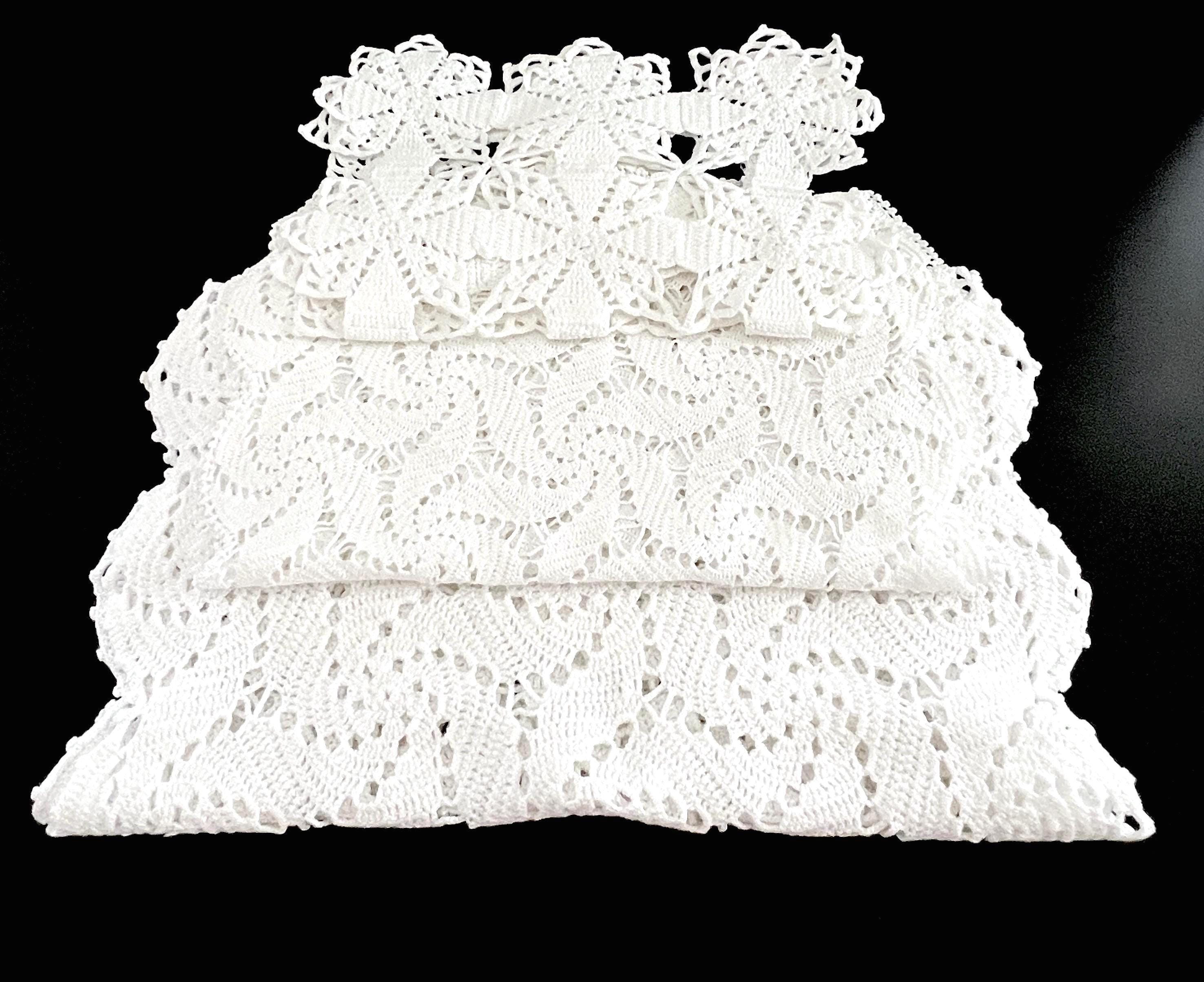 Bundle Of 3 Vintage Hand Crocheted White Rectangular Table Doilies/Runners