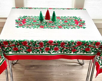 Poinsettia, Holly, & Ribbon Print Vintage Christmas Tablecloth With Gold Accents