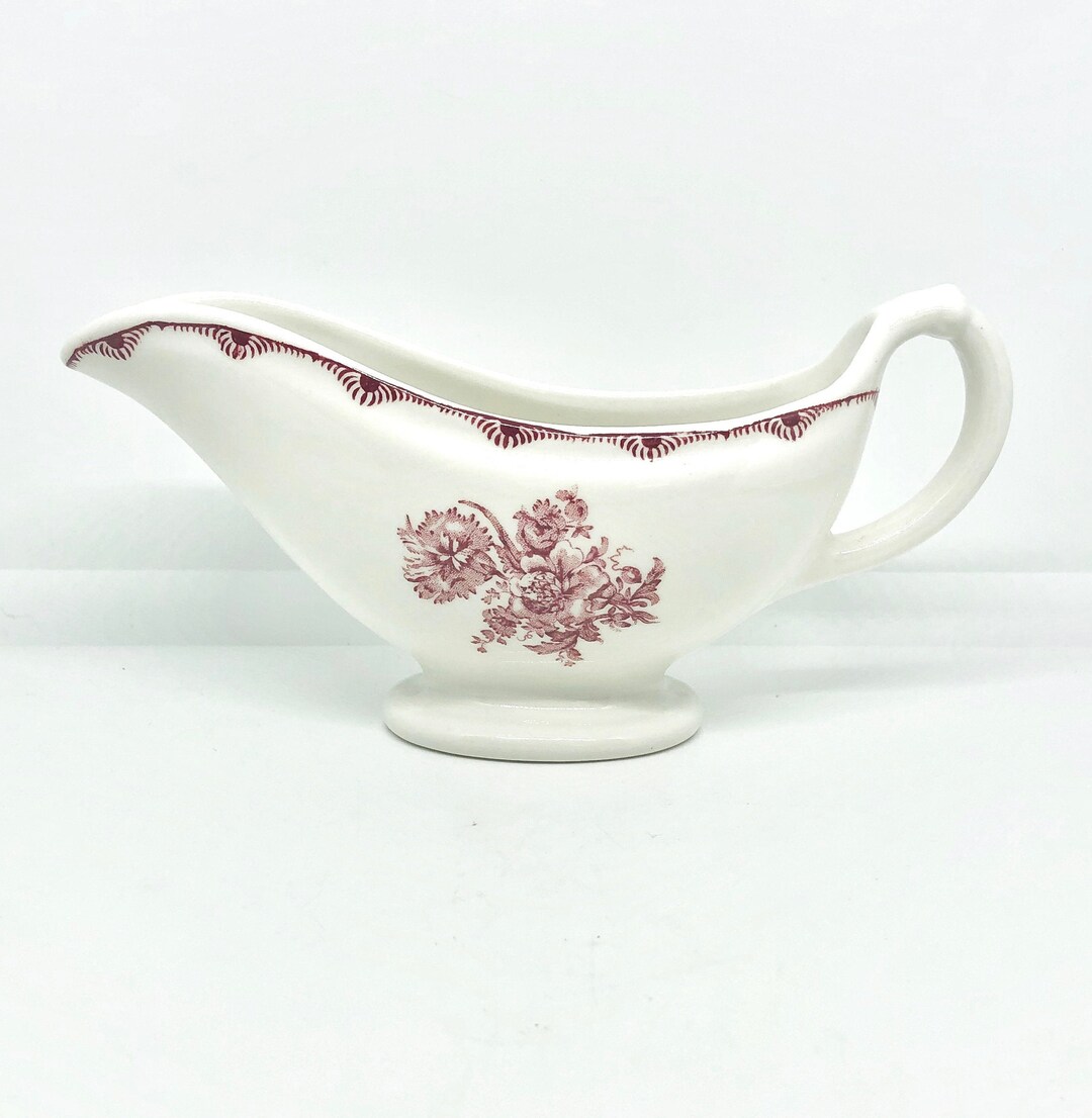 Vintage Walker China Restaurant Ware White Gravy Boat With Burgundy Floral Design Etsy