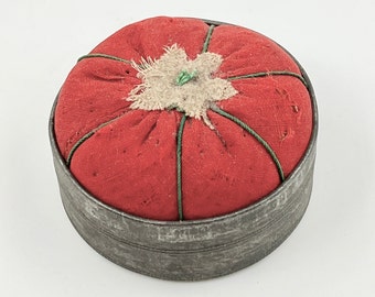 Vintage "Made In Occupied Japan" Red Fabric Pincushion In Metal Tin