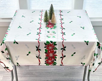 Vintage Poinsettia, Holly, & Ribbon Print Christmas Tablecloth On A White Background