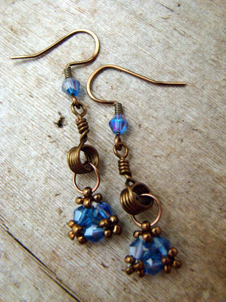 Blue Crystal Handstitched Dangle Earrings Bronze Copper | Etsy