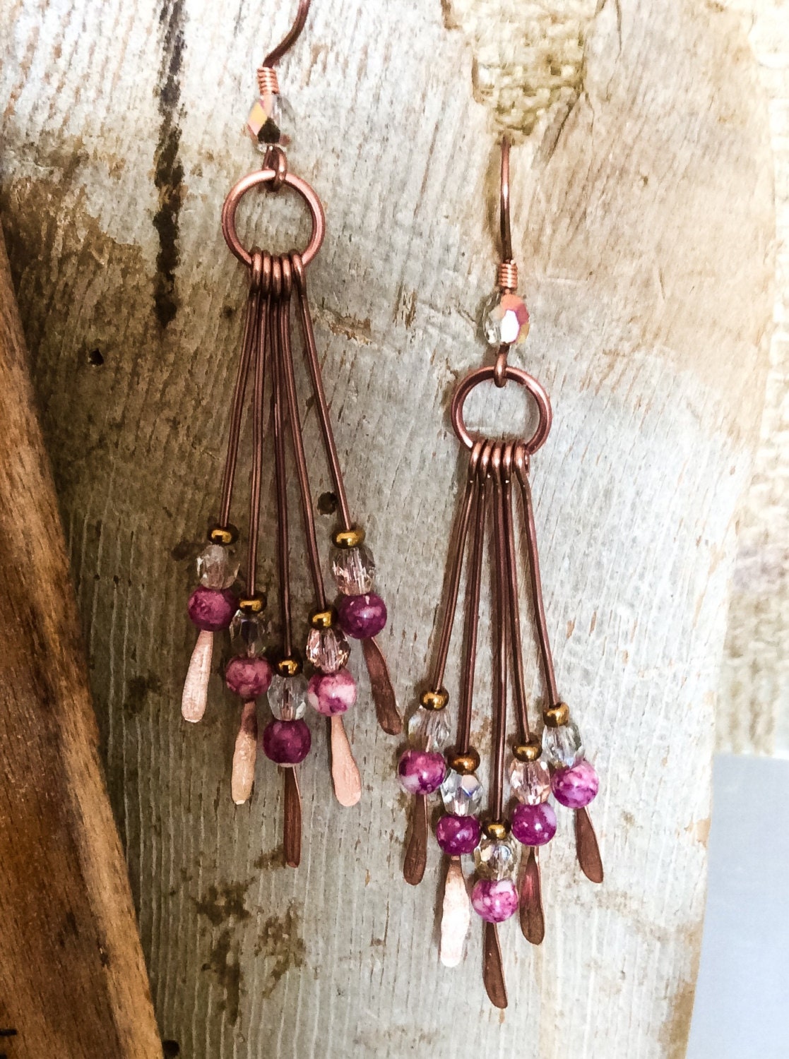 Long Earrings Hammered Wire Purple Howlite Crystal Chandelier | Etsy