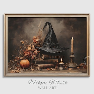 Printable Witch Hat Halloween Wall Art | Spooky Painting Digital Download Print | Witchy Decor |  Halloween Gift | Book Stack Art Print