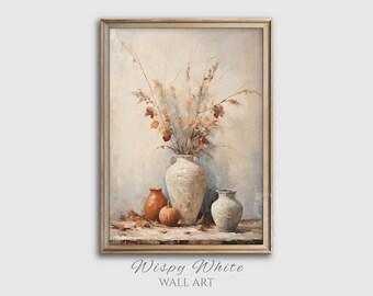 Printable Fall Flower Vase Still Life Wall Art | Fall Flowers Painting Digital Download Print | Moody Autumn Decor | Thanksgiving Art Gift