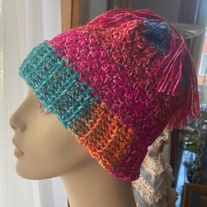 Toboggan Crocheted Hat and Fingerless Gloves Adult M to L machine washable acrylic & cotton blend teal green hot pink orange whimsical fun image 2