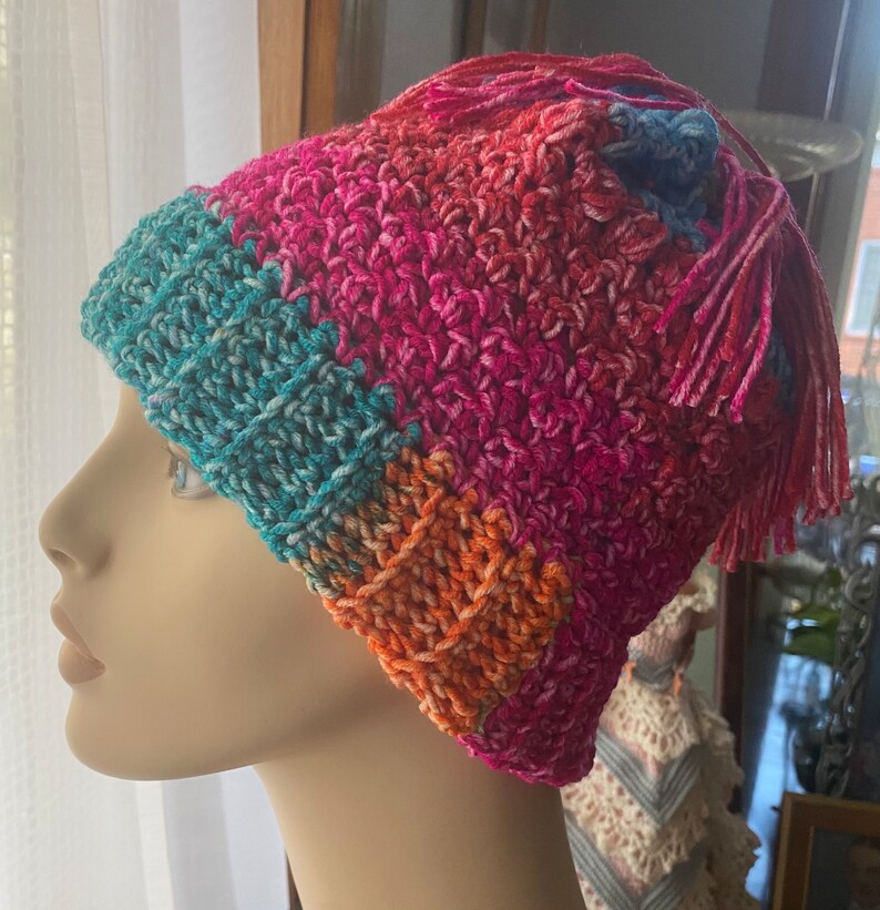 Toboggan Crocheted Hat and Fingerless Gloves Adult M to L machine washable acrylic & cotton blend teal green hot pink orange whimsical fun image 2