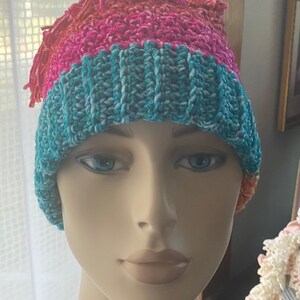 Toboggan Crocheted Hat and Fingerless Gloves Adult M to L machine washable acrylic & cotton blend teal green hot pink orange whimsical fun image 3