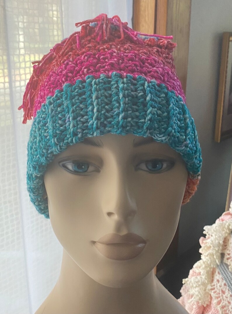 Toboggan Crocheted Hat and Fingerless Gloves Adult M to L machine washable acrylic & cotton blend teal green hot pink orange whimsical fun image 3