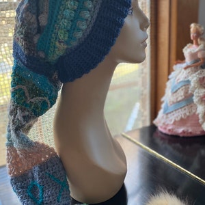 Fae Fairy Hat Adult M to L ScherStudio Handspun Yarn wool alpaca silk Angelina blues teals aquas pale pink cream whimsical fun holiday gift image 2