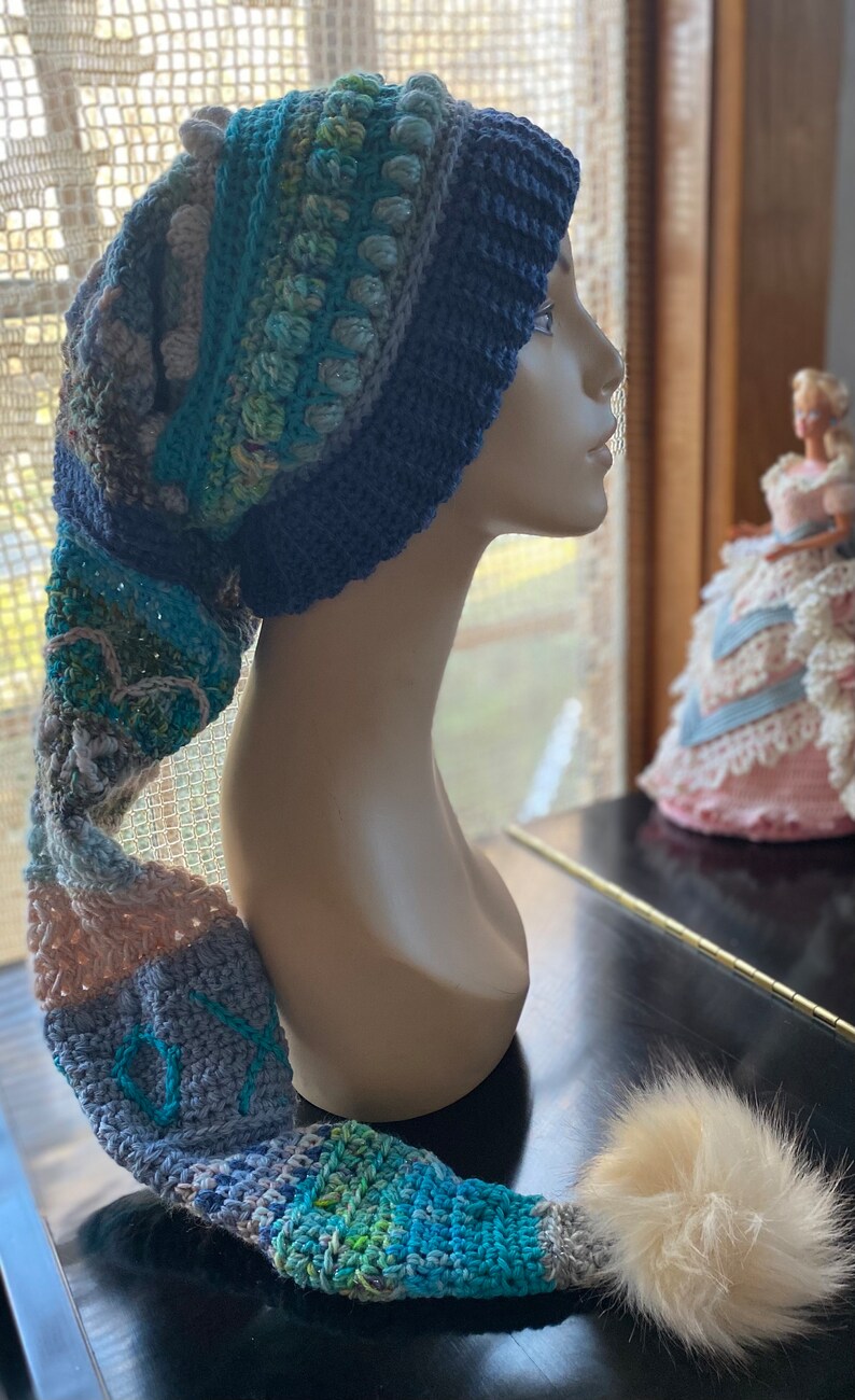 Fae Fairy Hat Adult M to L ScherStudio Handspun Yarn wool alpaca silk Angelina blues teals aquas pale pink cream whimsical fun holiday gift image 2