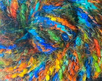 Yarn Handspun 5 bulky, Van Gogh Colors, poly ribbon, silk thread, modea nylon fuzzy feather yarn, 90 yds. Knitter's gift, 2 ply, Fun Yarn