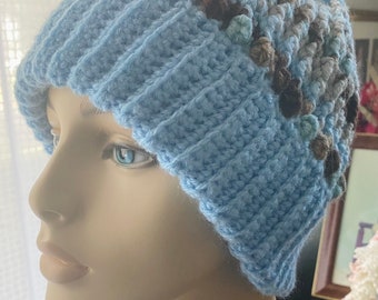 Toboggan Crocheted Hat  Adult M to L machine washable acrylic blue brown cream textured front post stitch whimsical fun