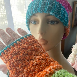 Toboggan Crocheted Hat and Fingerless Gloves Adult M to L machine washable acrylic & cotton blend teal green hot pink orange whimsical fun image 6