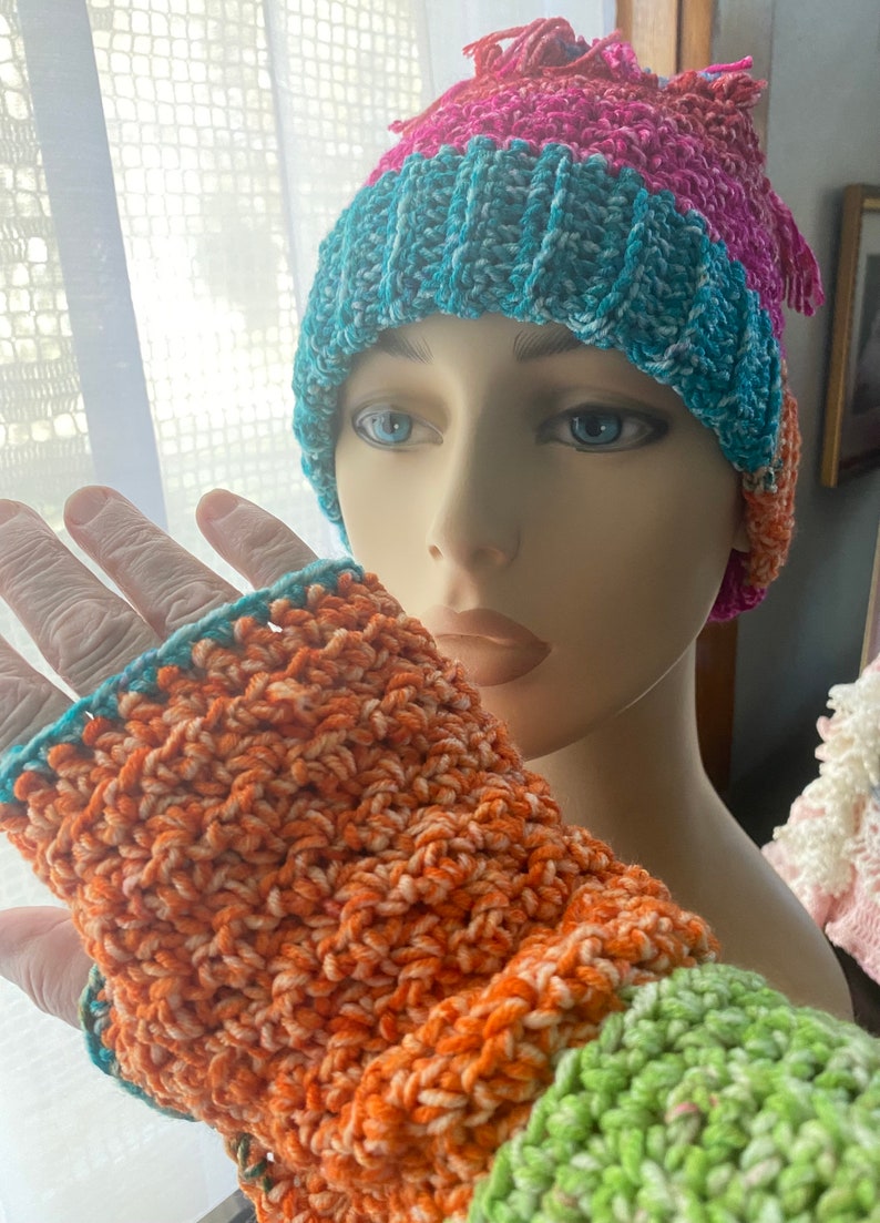 Toboggan Crocheted Hat and Fingerless Gloves Adult M to L machine washable acrylic & cotton blend teal green hot pink orange whimsical fun image 6