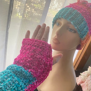 Toboggan Crocheted Hat and Fingerless Gloves Adult M to L machine washable acrylic & cotton blend teal green hot pink orange whimsical fun image 1